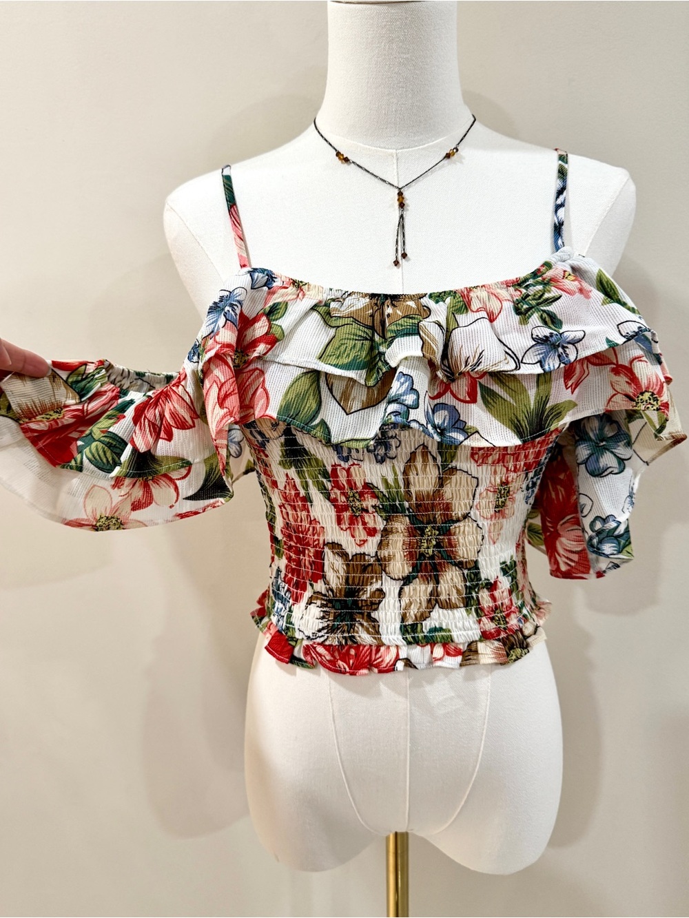 Floral Ruffle Smocked Crop Top Off-Shoulder Size S Tropical Summer